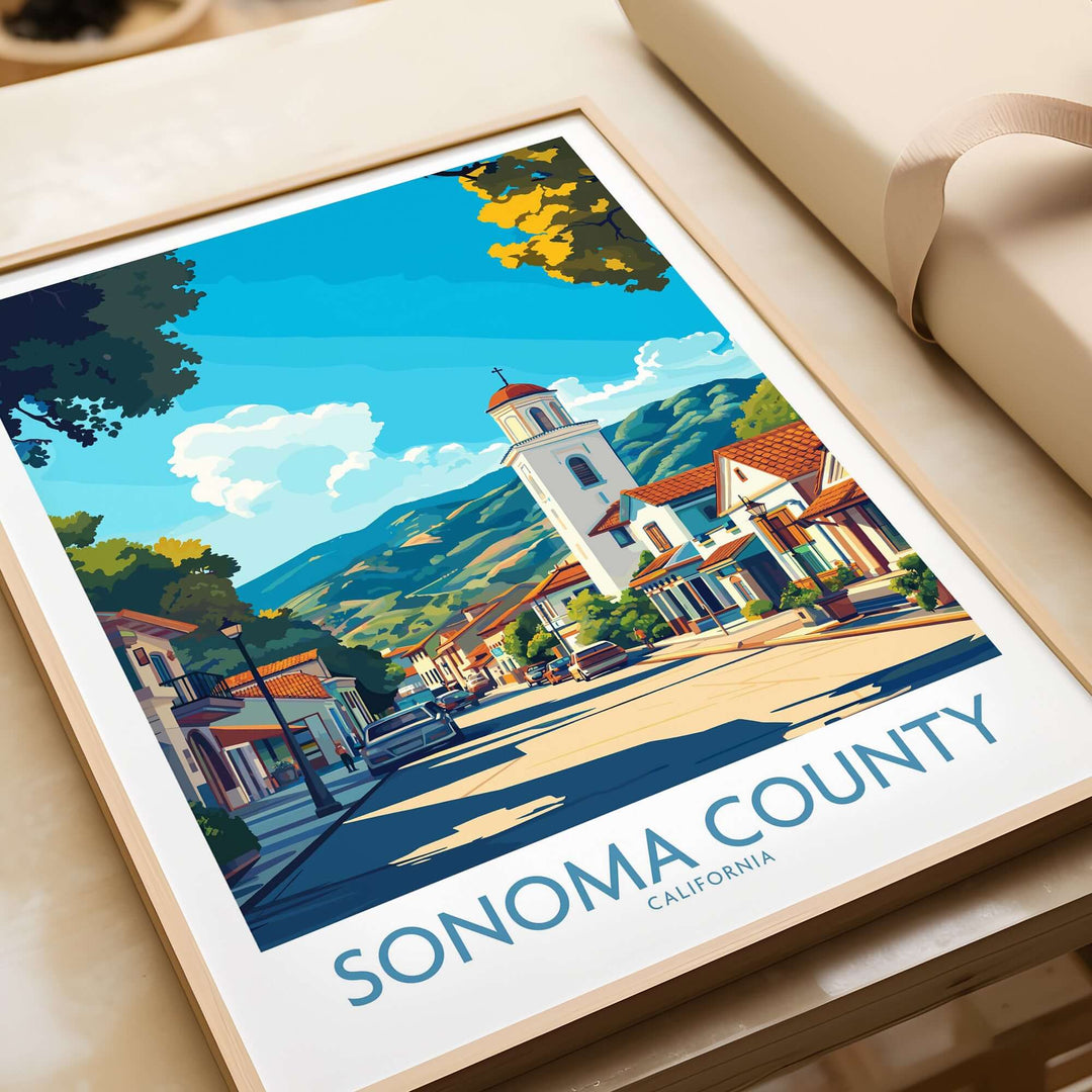 Sonoma County California travel poster featuring scenic streets and mountains, perfect wall art for wine country lovers.