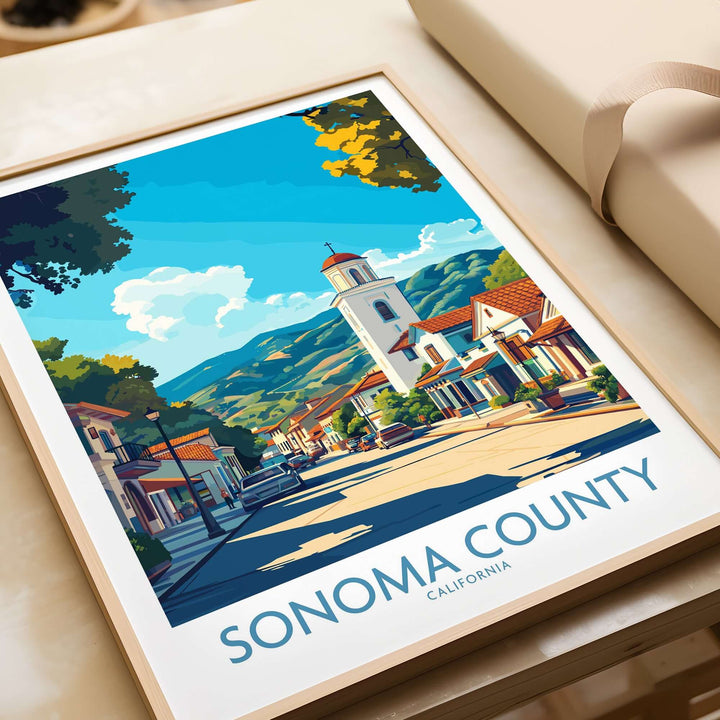 Sonoma County California travel poster featuring scenic streets and mountains, perfect wall art for wine country lovers.