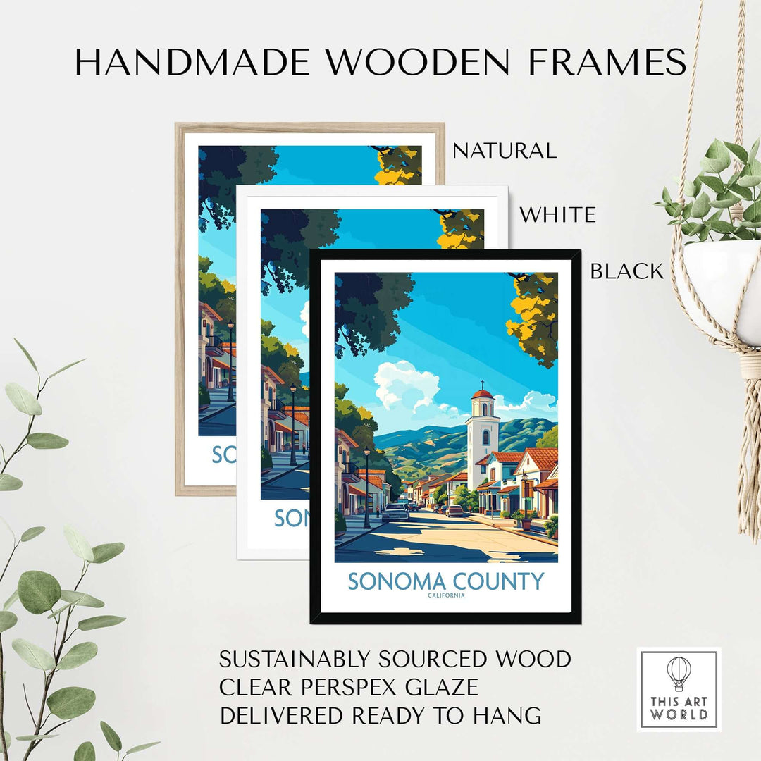Handmade wooden frames in natural, white, and black for Sonoma County art print, sustainably sourced wood, clear glaze.