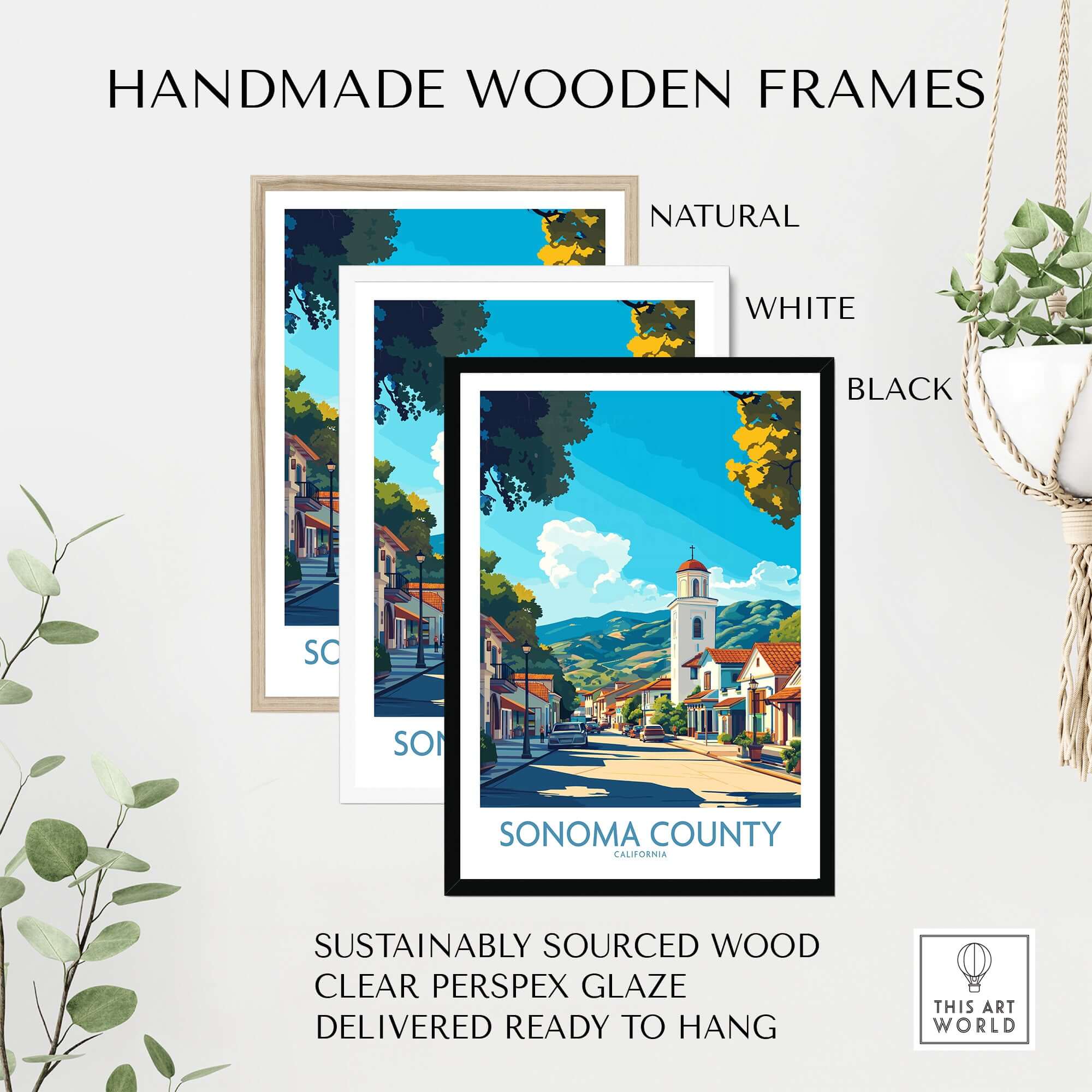 Sonoma Town Poster - California Travel Print - Wall Art framed in natural, white, and black handmade wooden frames.