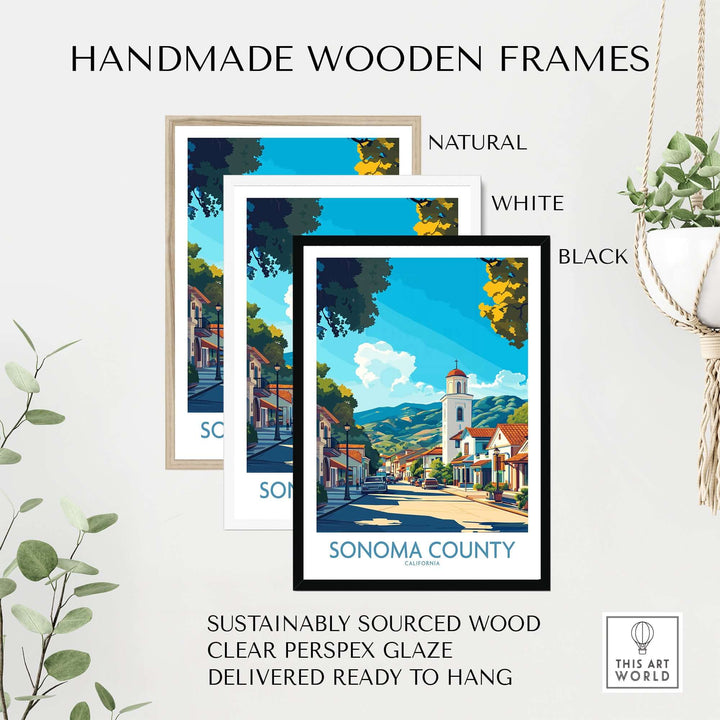Handmade wooden frames in natural, white, and black for Sonoma County art print, sustainably sourced wood, clear glaze.