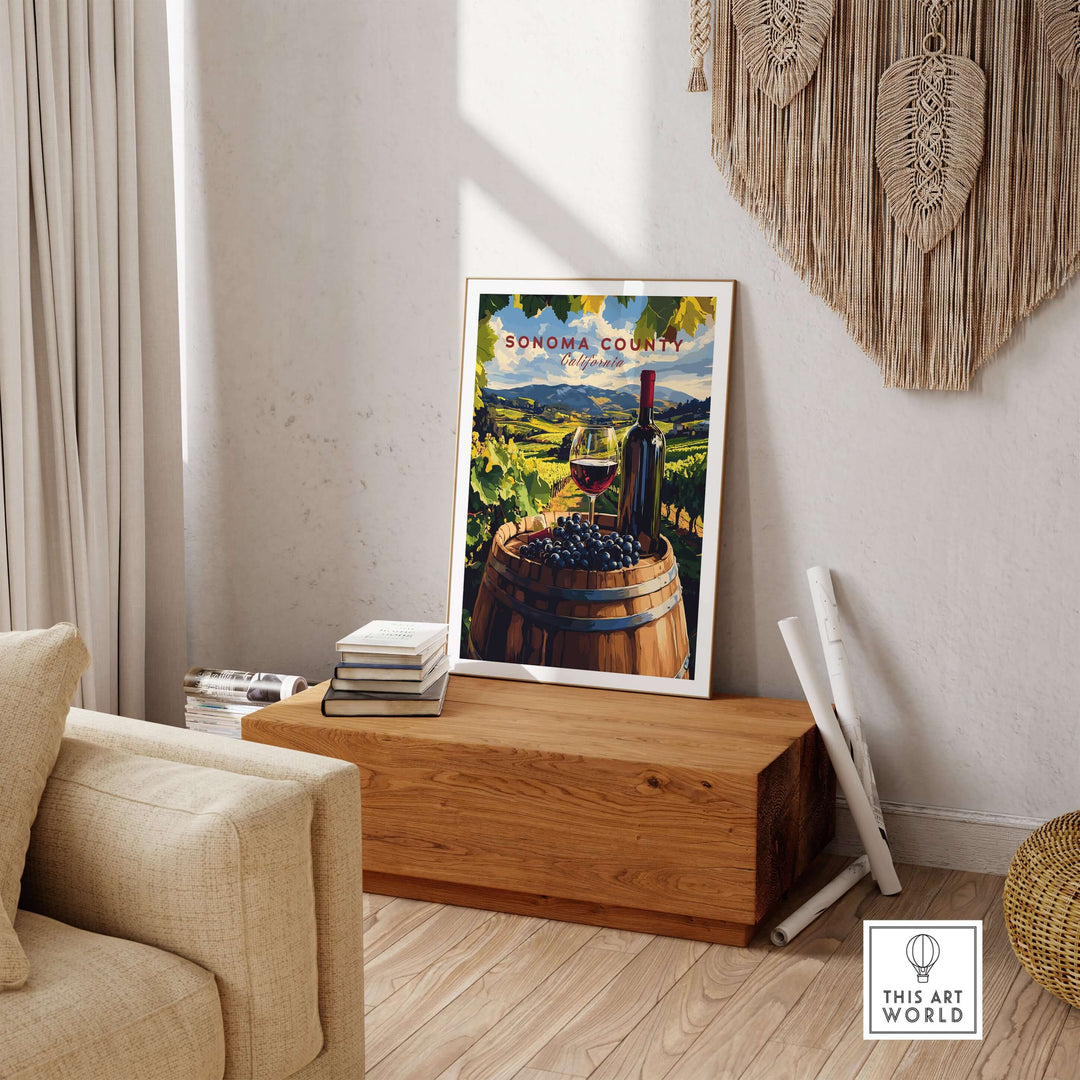 Sonoma County art print featuring wine bottle and glass on a barrel with vineyard backdrop for rustic home decor.