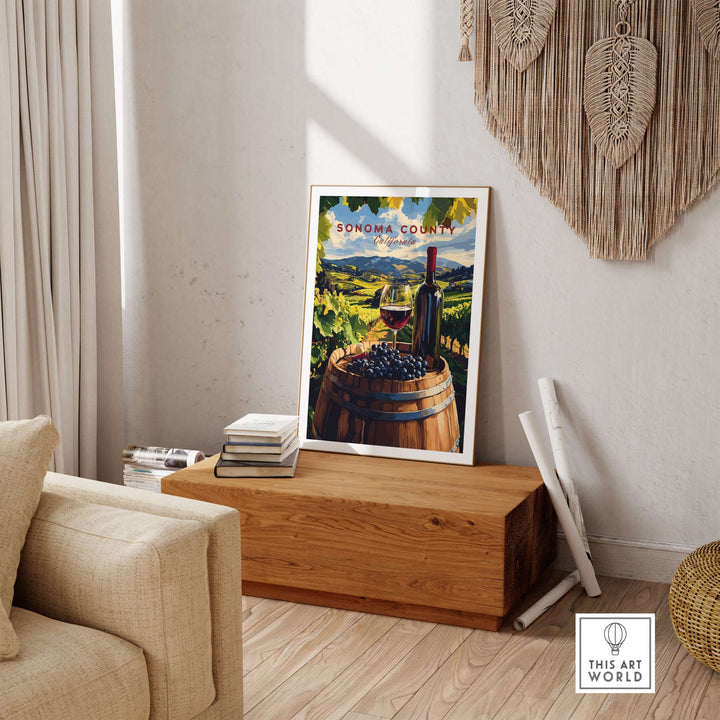 Sonoma County art print featuring wine bottle and glass on a barrel with vineyard backdrop for rustic home decor.
