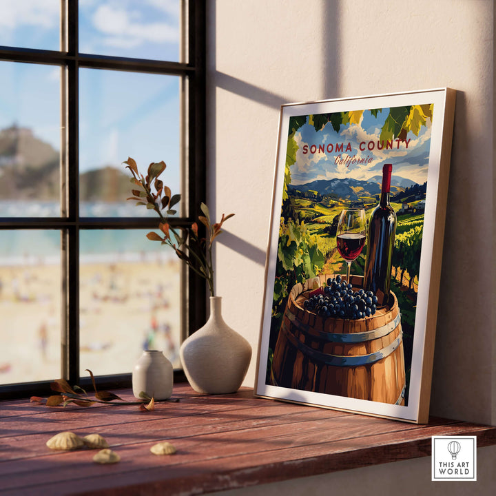 Sonoma Valley art print featuring a wine bottle, grapes, and vineyard landscape, perfect for rustic home decor.