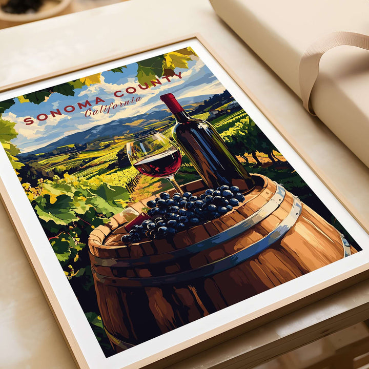 Sonoma County art print depicting a wine bottle, glass, and grapes in a vineyard landscape.