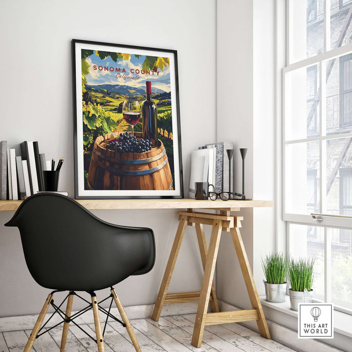 Sonoma Valley art print of wine bottle and grapes on barrel, ideal for vineyard-themed decor in a cozy workspace.