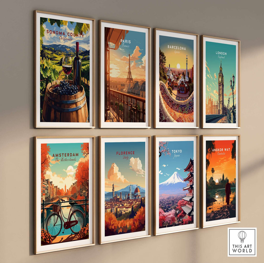 Gallery wall of travel art prints featuring iconic landmarks and landscapes from cities like Sonoma, Paris, Florence, and Tokyo.