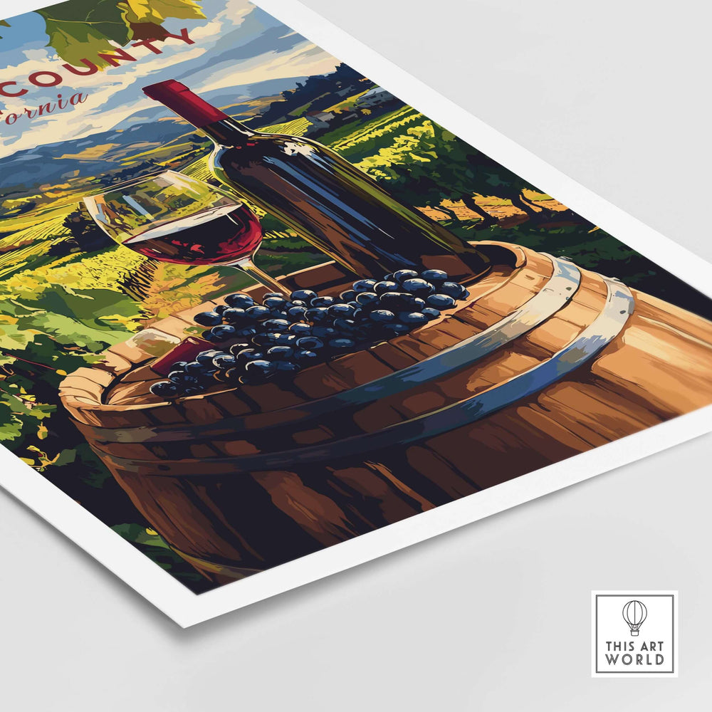 Sonoma Valley art print featuring a wine bottle, glass of red wine, and grapes on a wooden barrel in vineyard landscape.