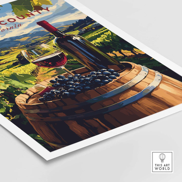 Sonoma Valley art print featuring a wine bottle, glass of red wine, and grapes on a wooden barrel in vineyard landscape.