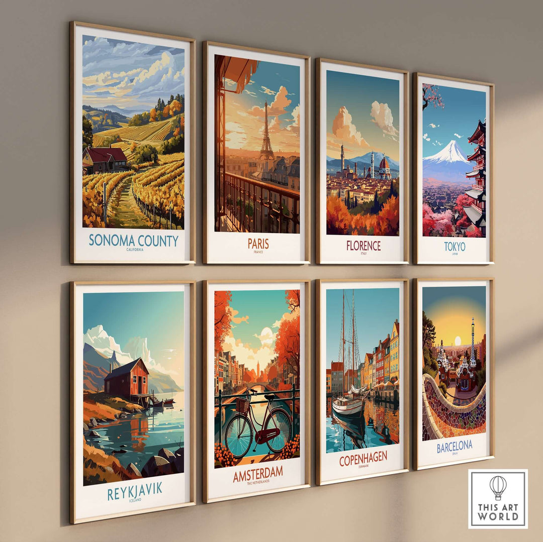 Collection of travel art posters featuring Sonoma County, Paris, Florence, Tokyo, Reykjavik, Amsterdam, Copenhagen, and Barcelona.