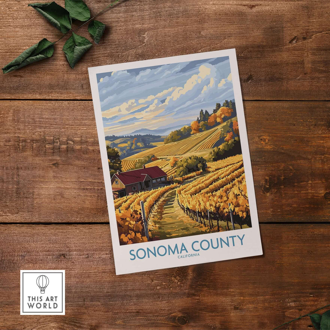 Sonoma County poster featuring golden vineyards and a farmhouse, showcasing California autumn beauty and rustic charm.
