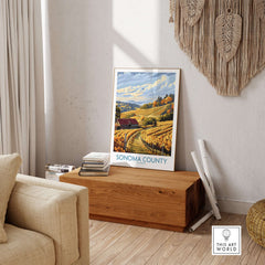 Sonoma Vineyard Farmhouse Poster - California Autumn Print - Golden Vineyards Wall Art in cozy interior setting.