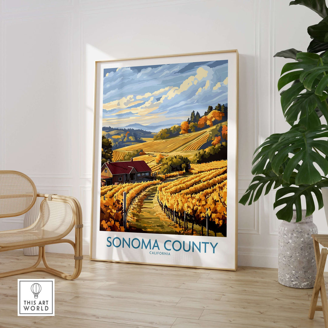 Sonoma Vineyard Farmhouse poster featuring golden vineyards and autumn scenery in California.