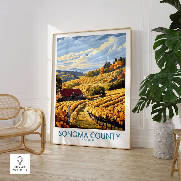 Sonoma Vineyard Farmhouse poster featuring golden vineyards and autumn scenery in California.