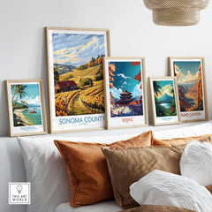 Sonoma Vineyard Farmhouse Poster - California Autumn Print - Golden Vineyards Wall Art displayed among framed travel prints.