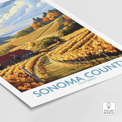 Sonoma Vineyard Farmhouse Poster - California Autumn Print - Golden Vineyards Wall Art with golden vineyards and blue sky.