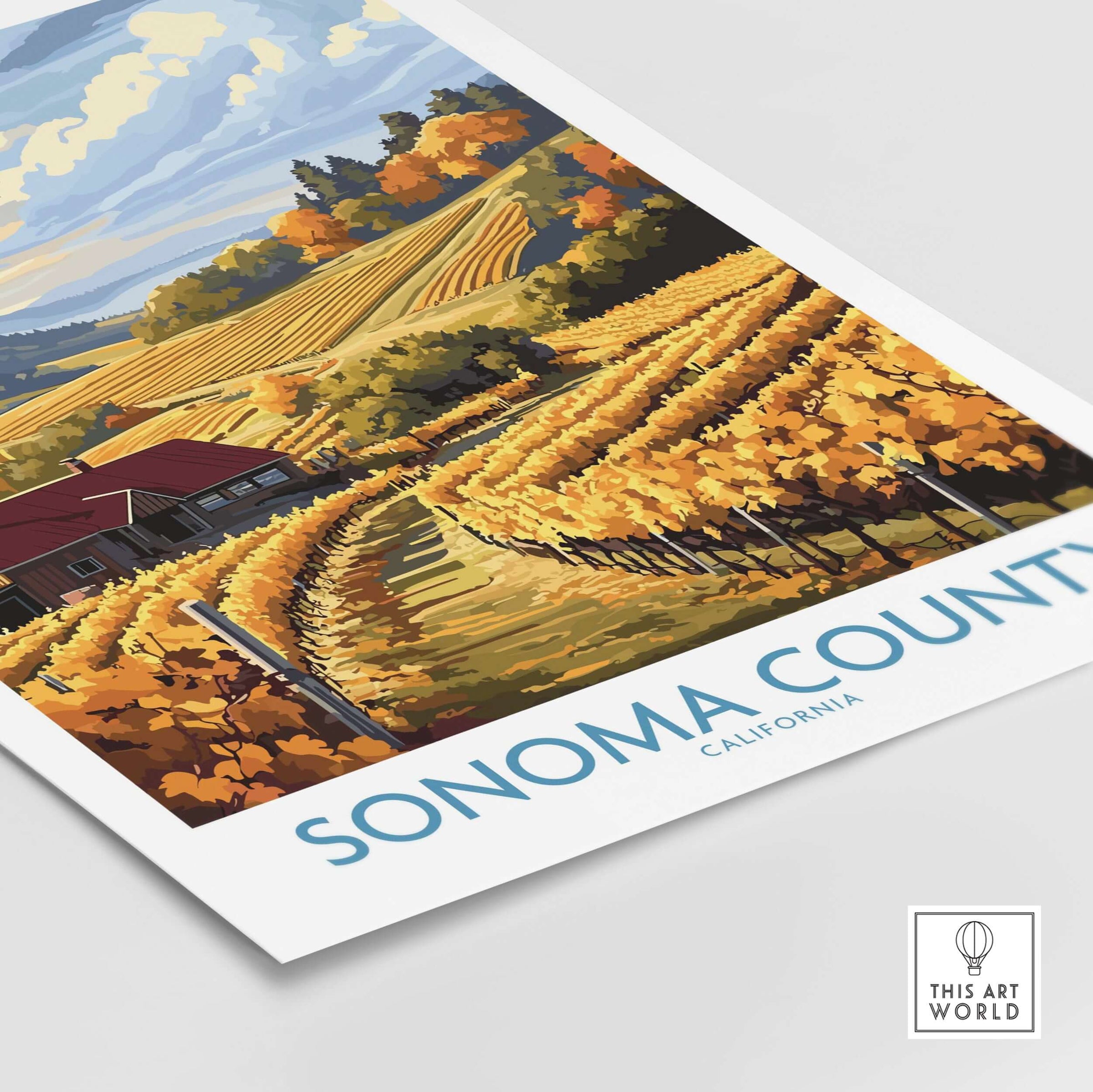 Sonoma Vineyard Farmhouse Poster - California Autumn Print - Golden Vineyards Wall Art with golden vineyards and blue sky.