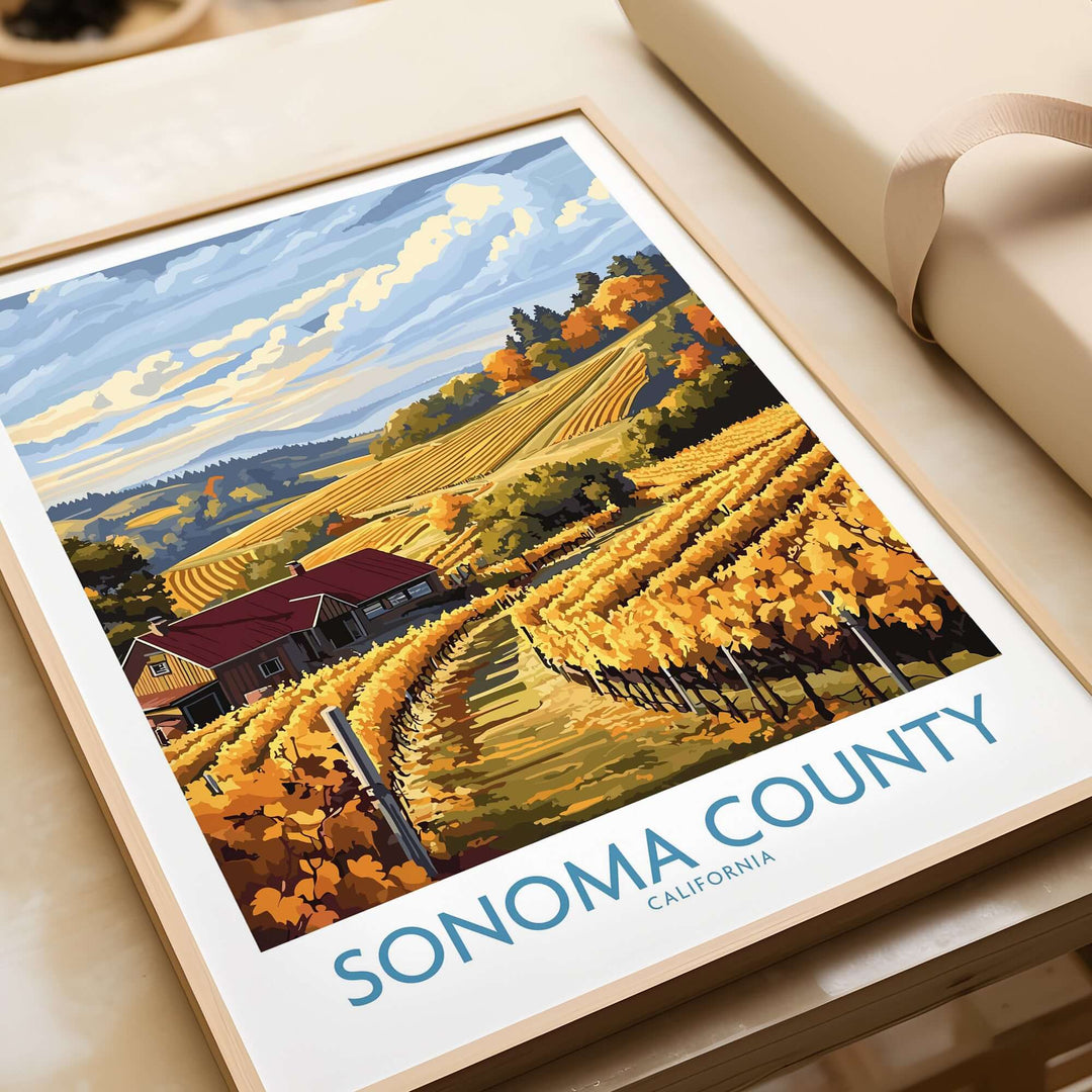 Sonoma County California autumn vineyard poster with golden vines and a charming farmhouse design.