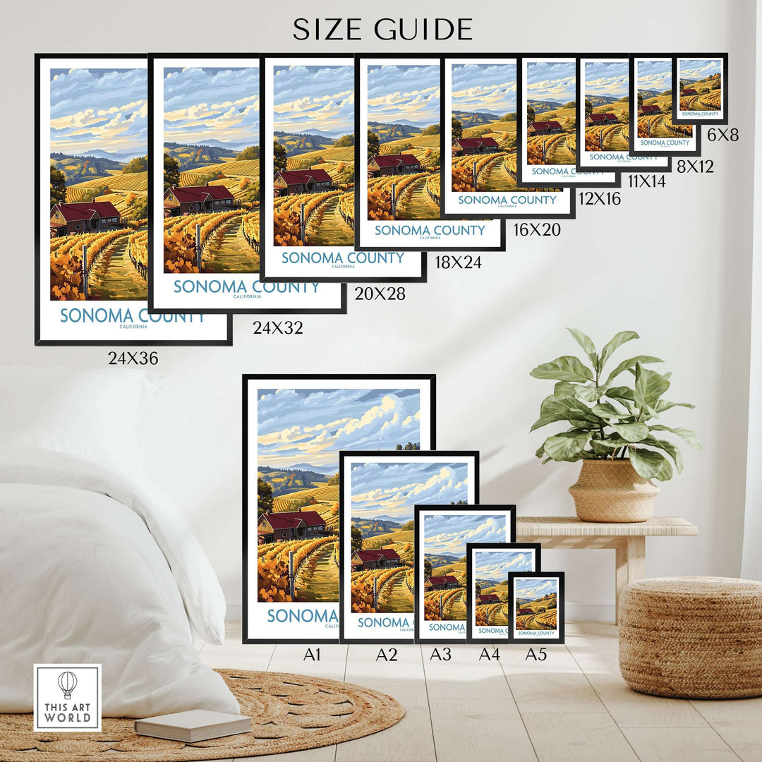 Size guide for Sonoma Vineyard Farmhouse Poster showcasing various dimensions and layout options for home decor.