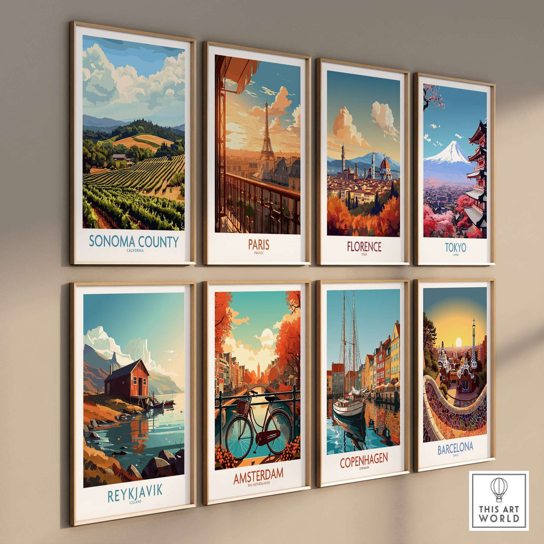 Sonoma County vineyard art print alongside iconic city posters from Paris, Florence, Tokyo, and more.