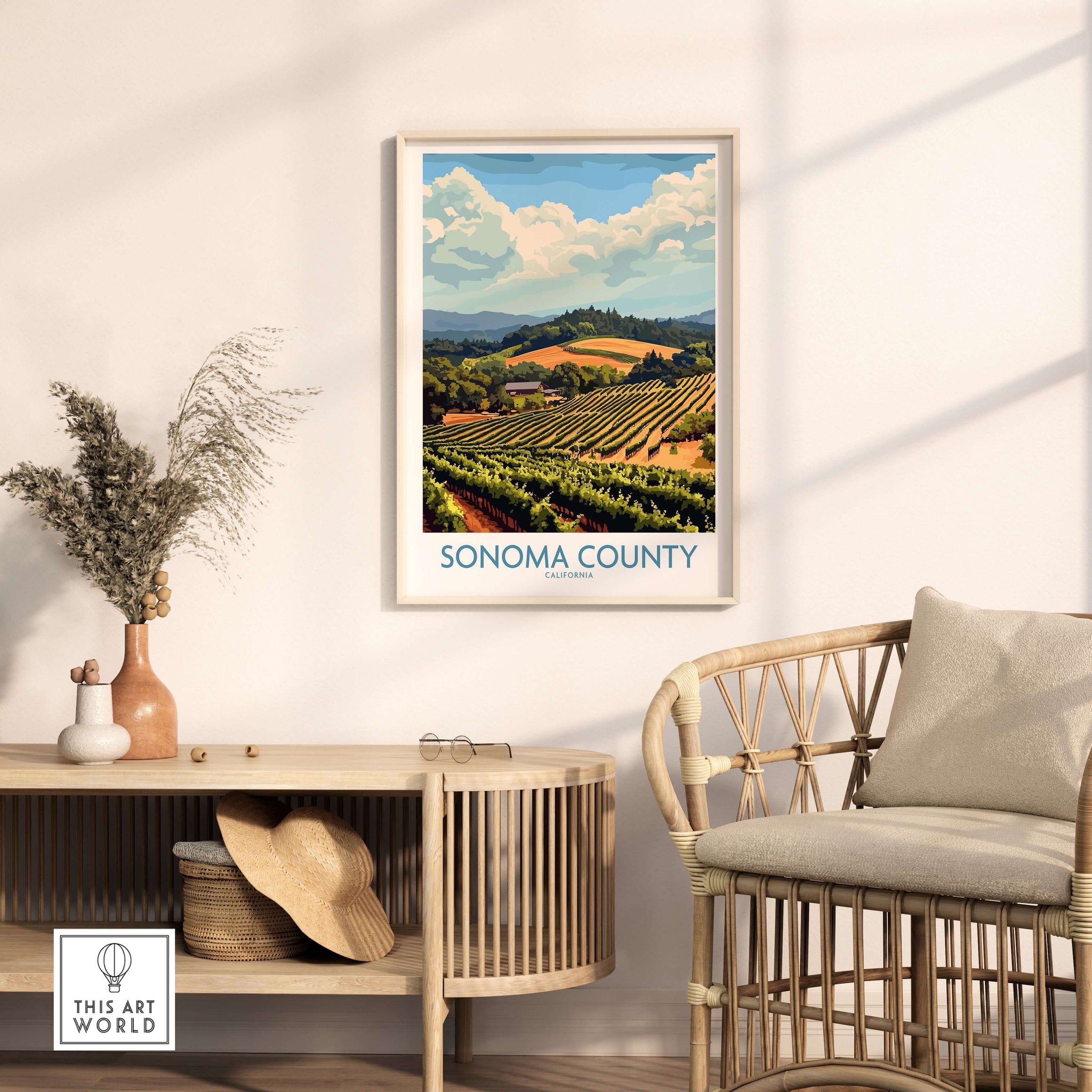 Sonoma Vineyard Landscape Poster - California Wine Country Print - Rolling Hills Wall Art hanging in a modern living room.