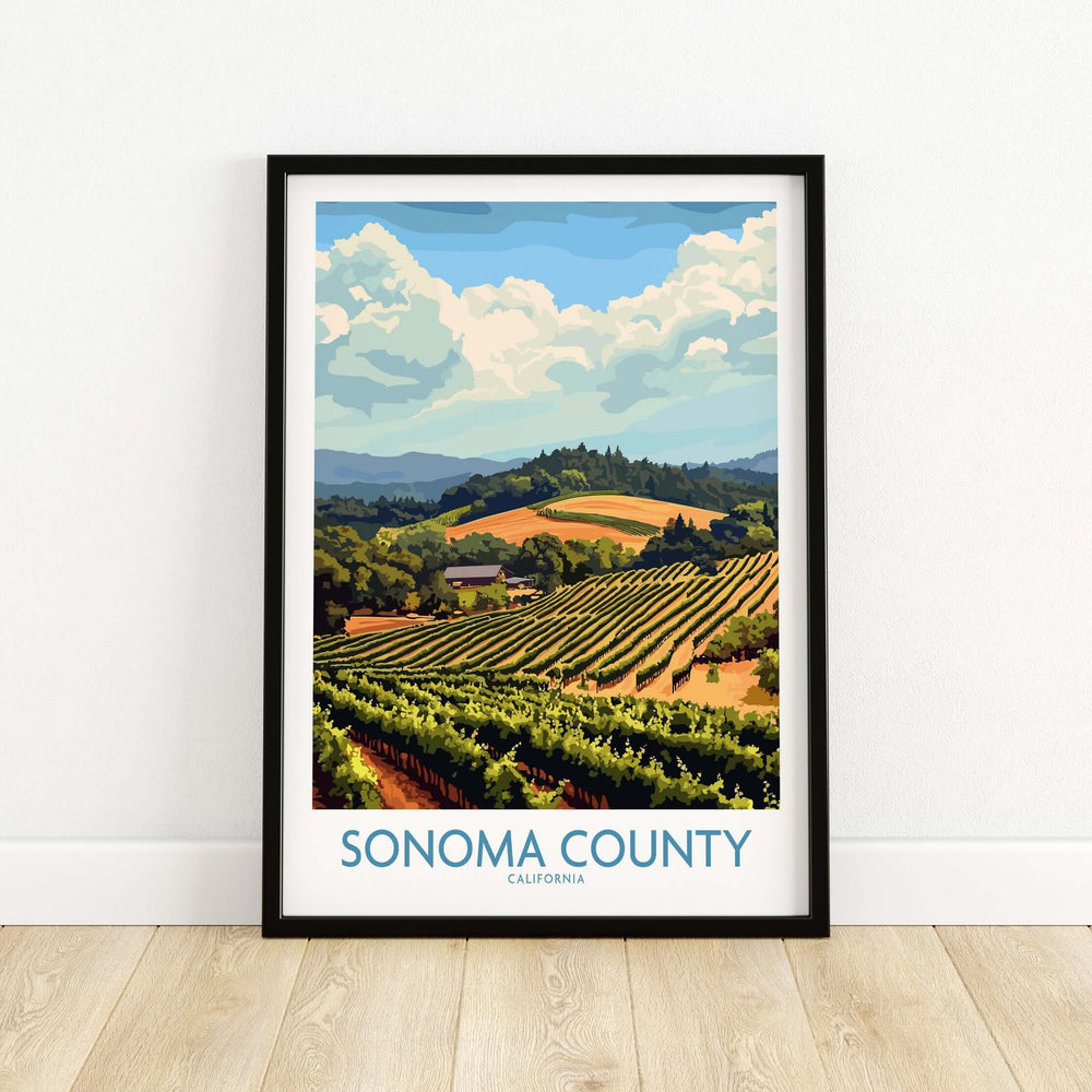 Sonoma Vineyard Landscape Poster showcasing rolling hills and lush vineyards in California wine country.