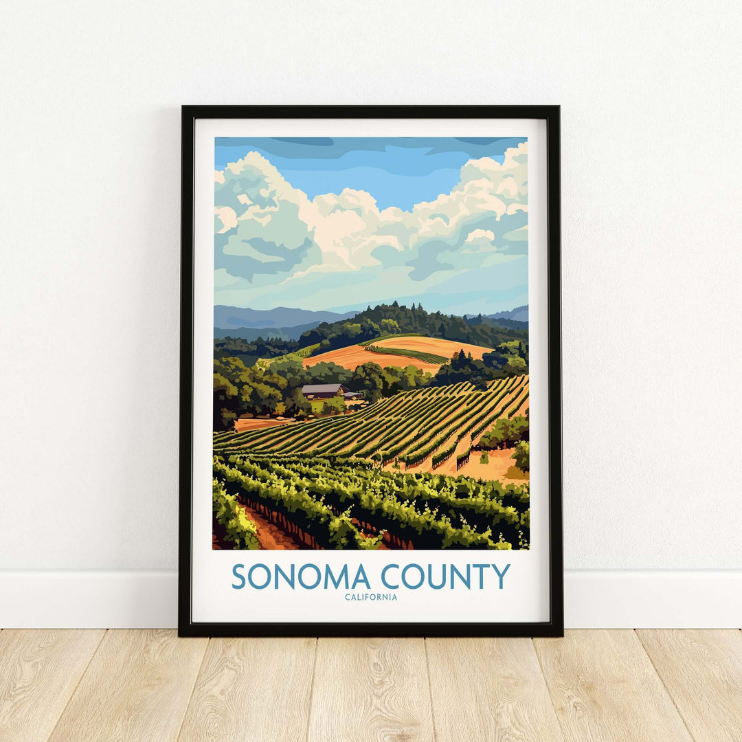 Sonoma Vineyard Landscape Poster showcasing rolling hills and lush vineyards in California wine country.