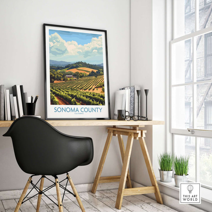 Sonoma Vineyard Landscape Poster in modern office, showcasing lush vineyards and rolling hills of California wine country.