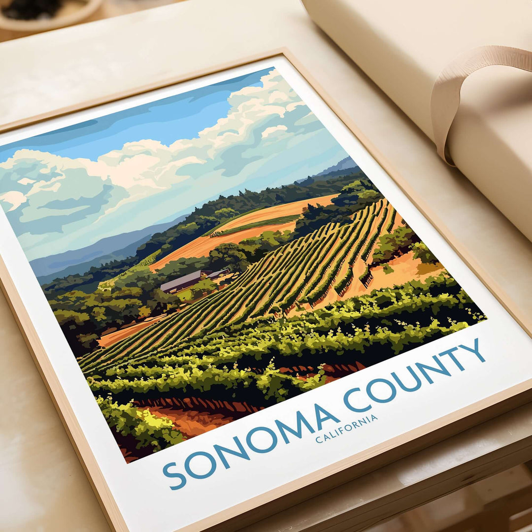 Sonoma Vineyard Landscape Poster featuring rolling hills and vineyards, perfect wall art for wine lovers.