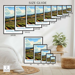 Sonoma Vineyard Landscape Poster - California Wine Country Print - Rolling Hills Wall Art size guide with framed options.