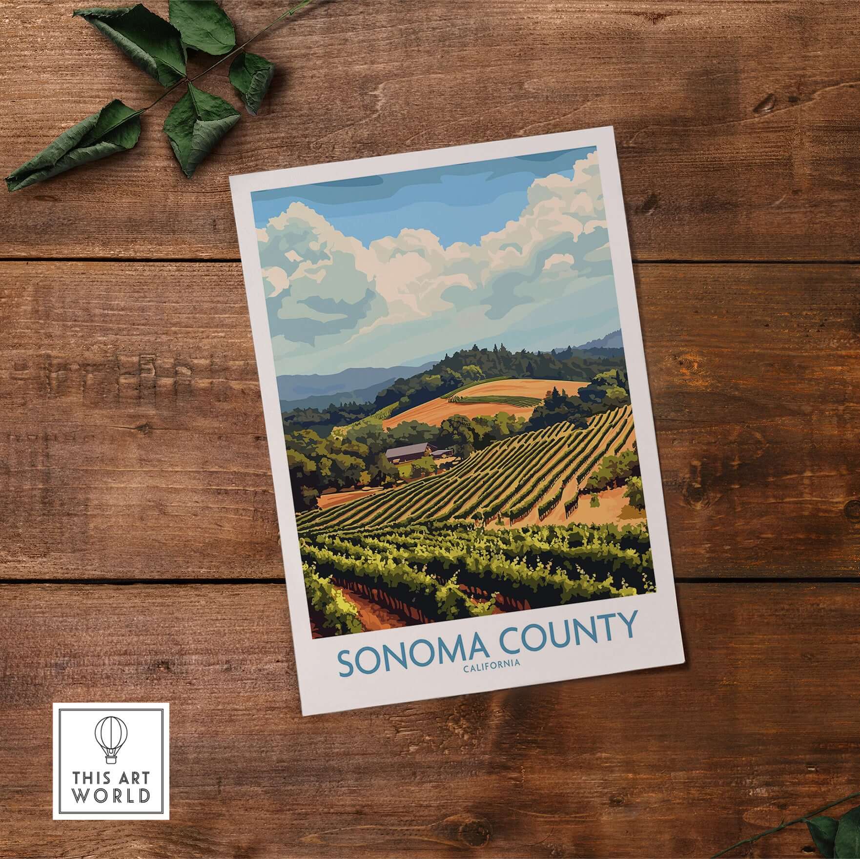 Sonoma Vineyard Landscape Poster - California Wine Country Print - Rolling Hills Wall Art featuring lush vineyards and scenic hills.
