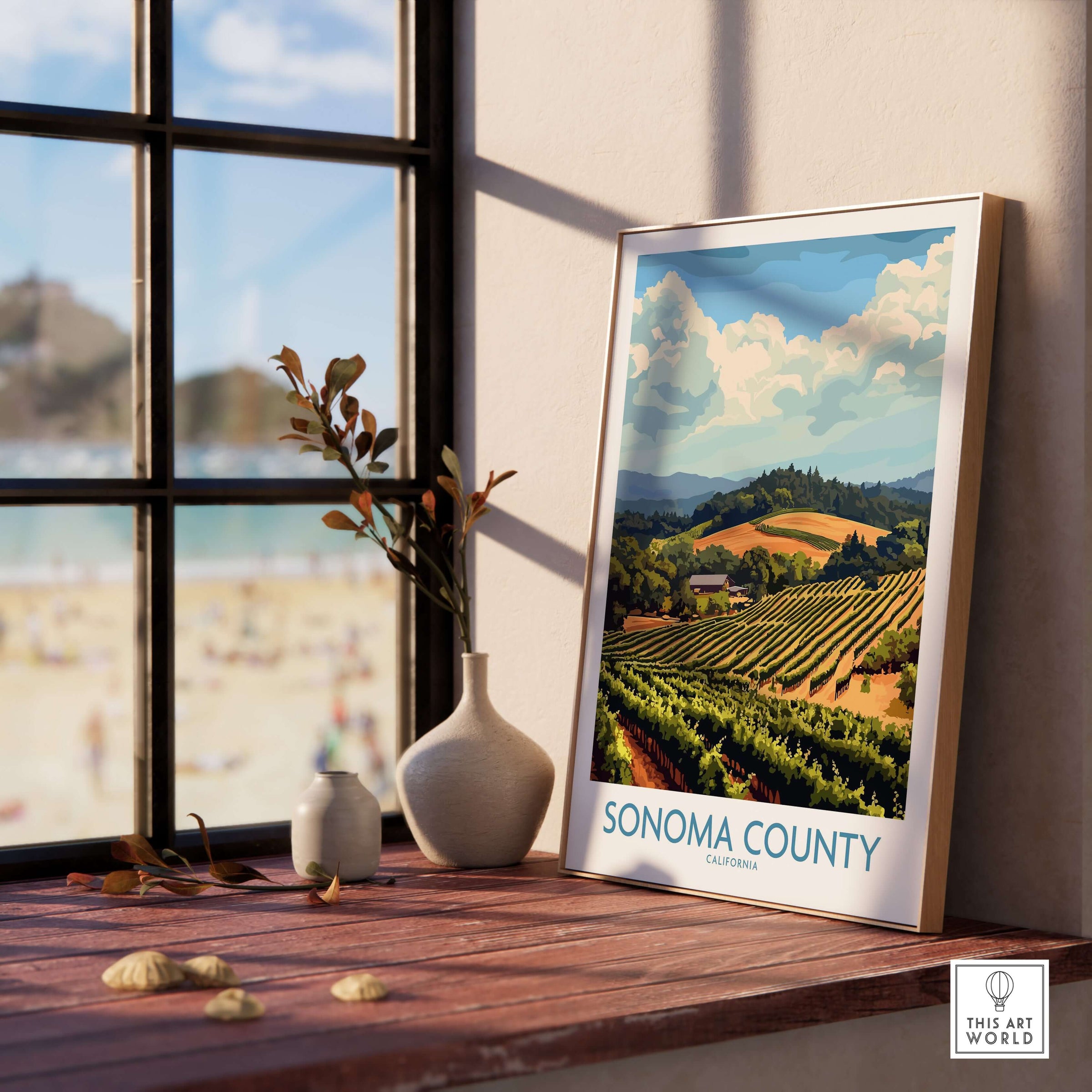 Sonoma Vineyard Landscape Poster - California Wine Country Print - Rolling Hills Wall Art displayed by a window.