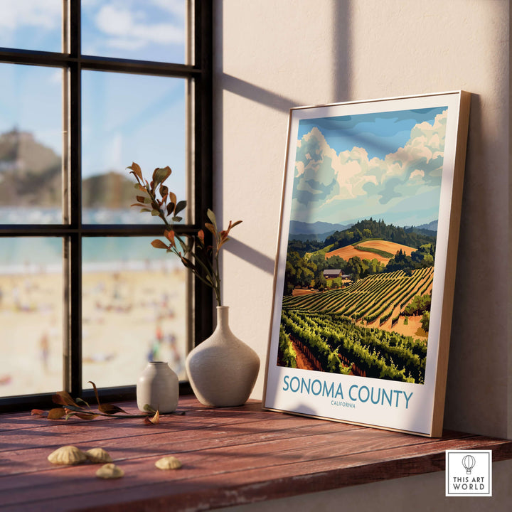 Sonoma Vineyard Landscape Poster showcasing rolling hills and vineyards near a sunny window.