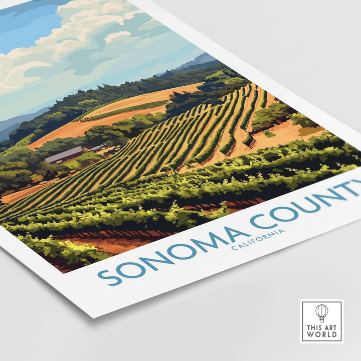 Sonoma Vineyard Landscape Poster showcasing rolling hills and lush vineyards of California's wine country.
