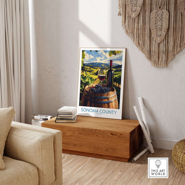 Sonoma Vineyard poster featuring wine and grapes, set in a cozy living space with rustic decor.