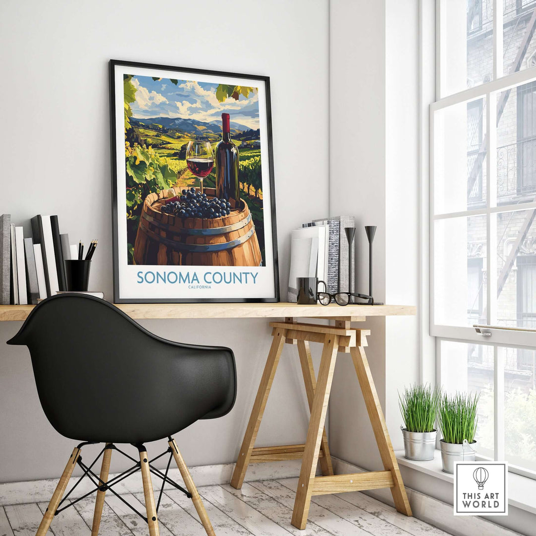 Sonoma County vintage wine poster displayed in a modern workspace with a stylish chair and greenery.