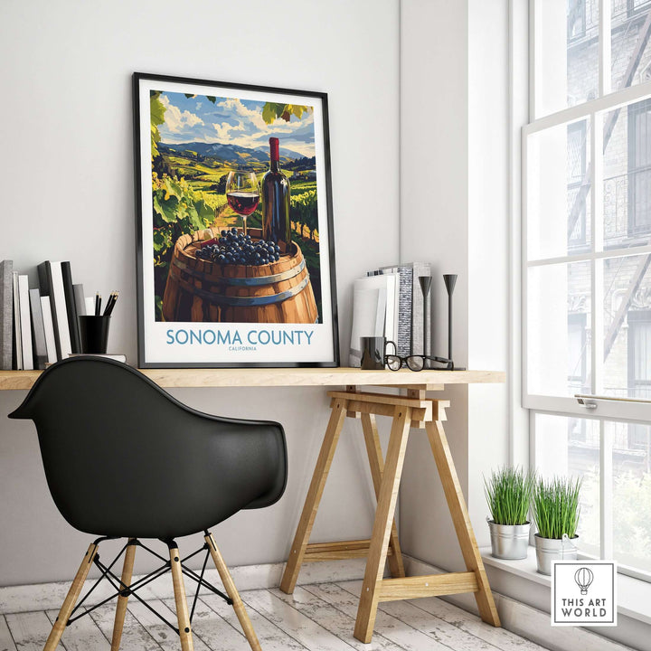 Sonoma County vintage wine poster displayed in a modern workspace with a stylish chair and greenery.