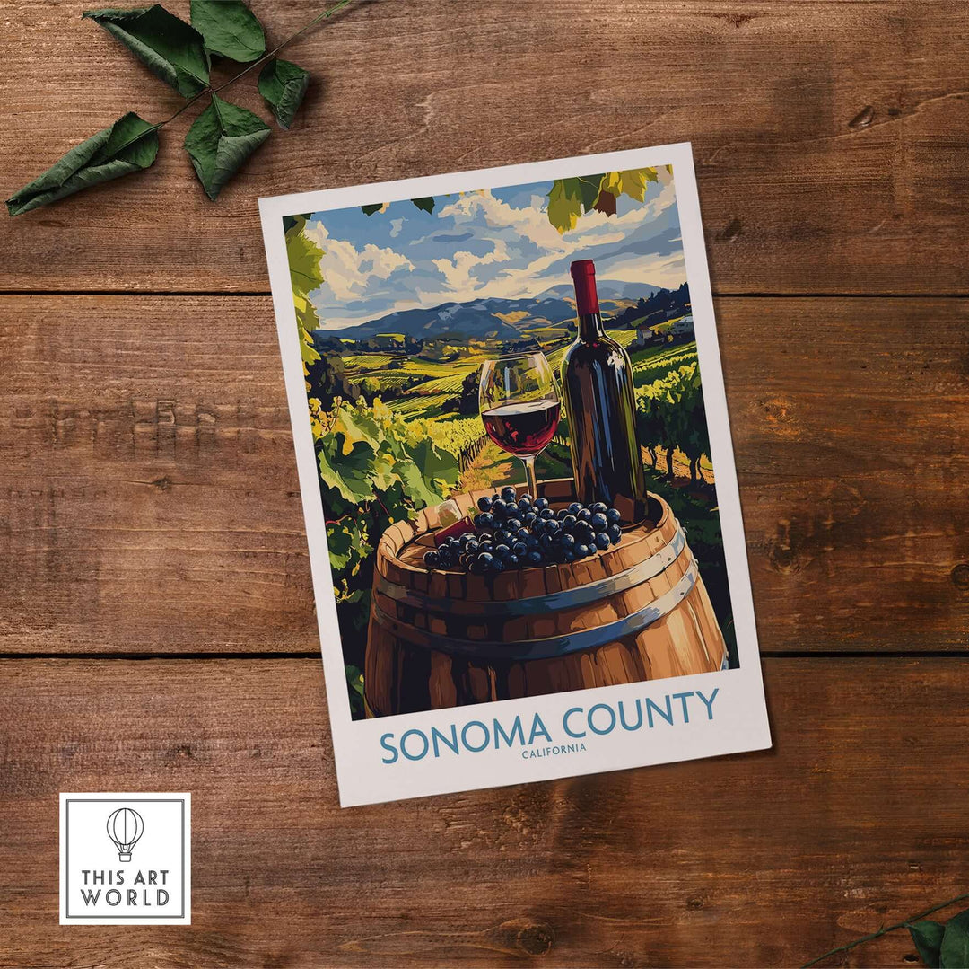 Sonoma Vineyard poster showcasing California wine country with a wine bottle and glass on a wooden barrel.