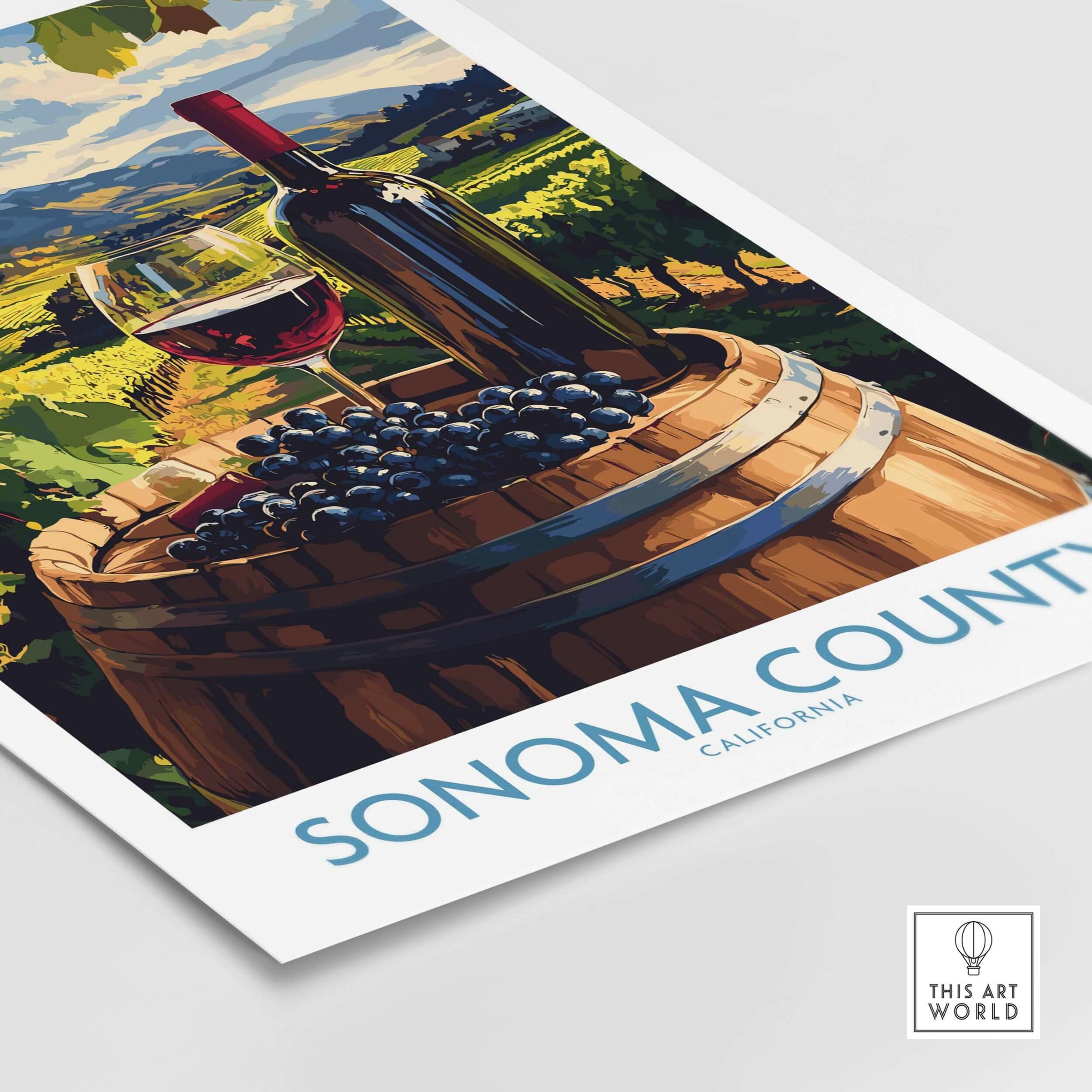 Sonoma Vineyard Poster - California Wine Country Travel Print - Winery Wall Art with a wine bottle and glass on a barrel.