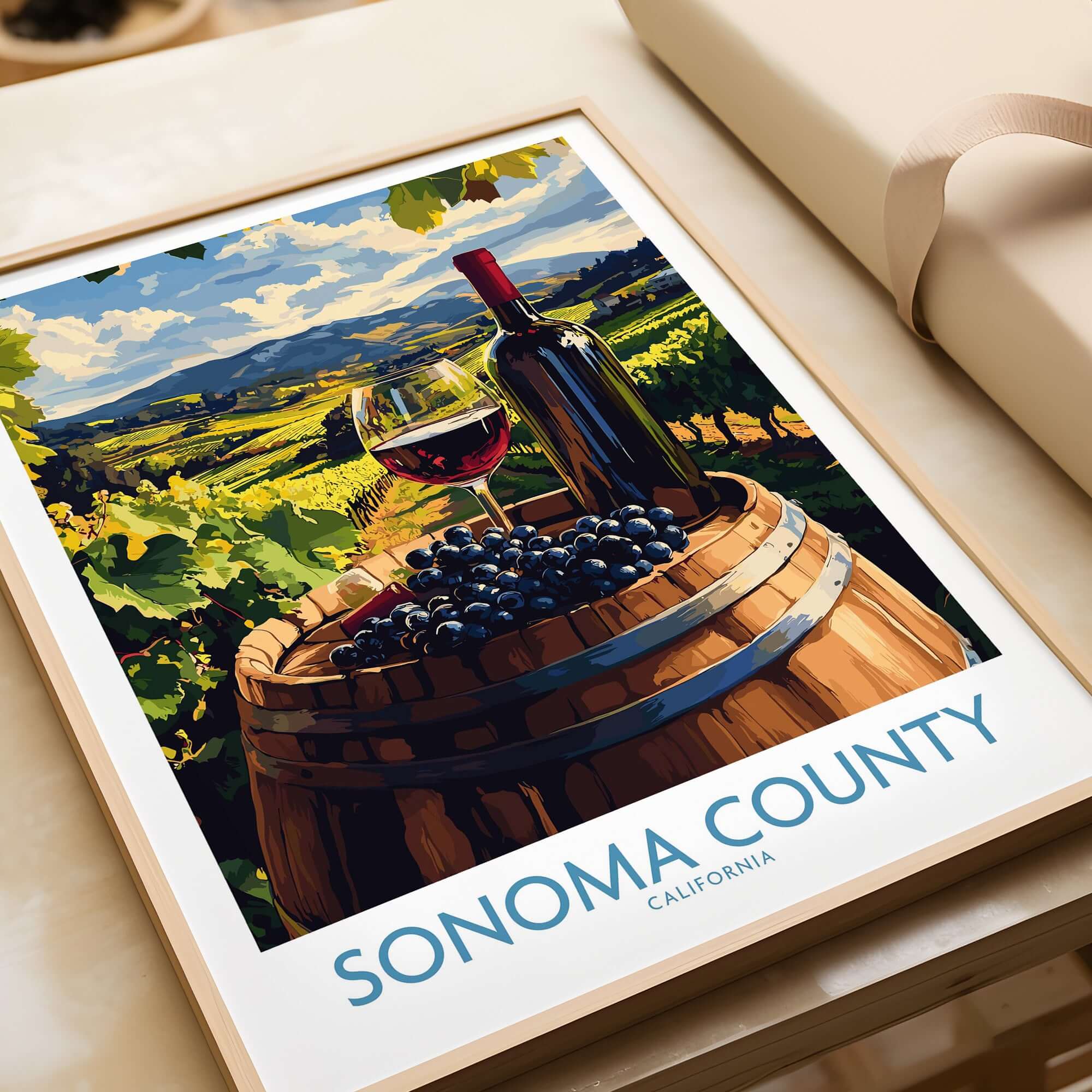 Sonoma Vineyard Poster - California Wine Country Travel Print - Winery Wall Art featuring a wine glass and bottle on a barrel.