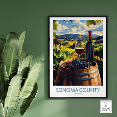 Sonoma Vineyard Poster - California Wine Country Travel Print - Winery Wall Art featuring a wine barrel and glass in a vineyard.