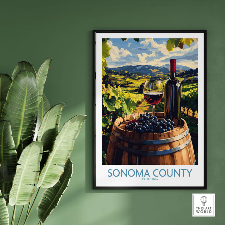 Sonoma County vineyard poster featuring a wine bottle and glass on a barrel, perfect for wine lovers and home decor.