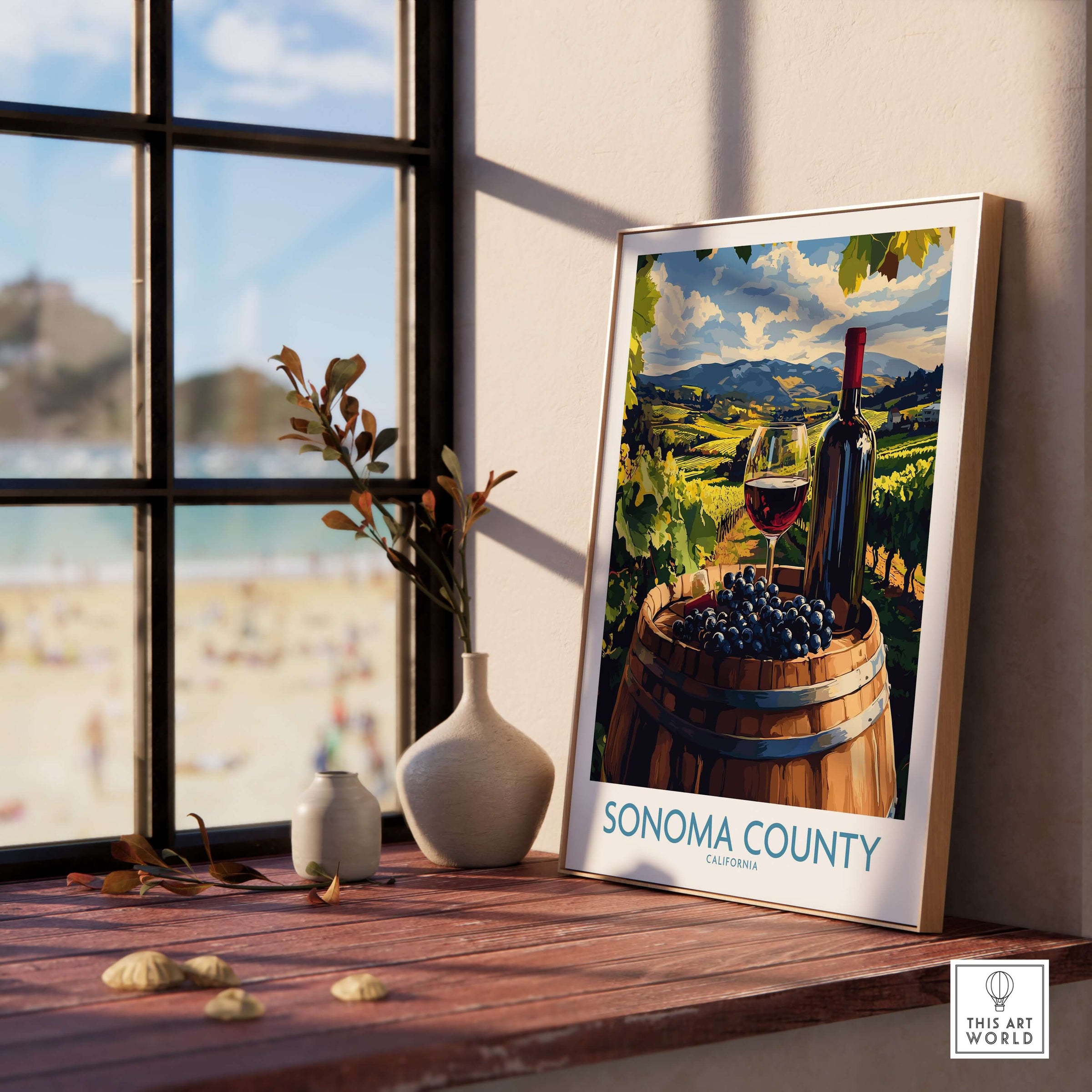 Sonoma Vineyard Poster - California Wine Country Travel Print - Winery Wall Art displayed on a wooden table near a sunny window.