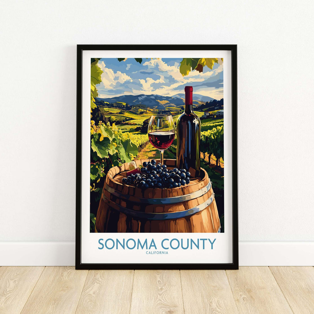 Sonoma County Vineyard Poster featuring wine, grapes, and lush scenery of California's wine country.