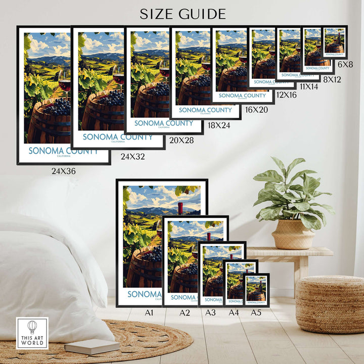 Sonoma Vineyard Poster size guide showcasing various print dimensions for California wine country wall art.