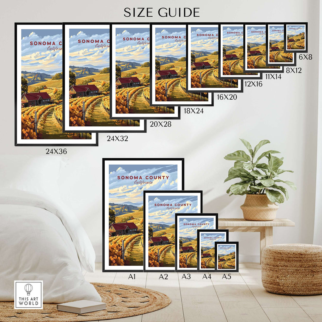 Size guide for Sonoma Wine Country art print featuring vineyard landscape in multiple frame sizes.