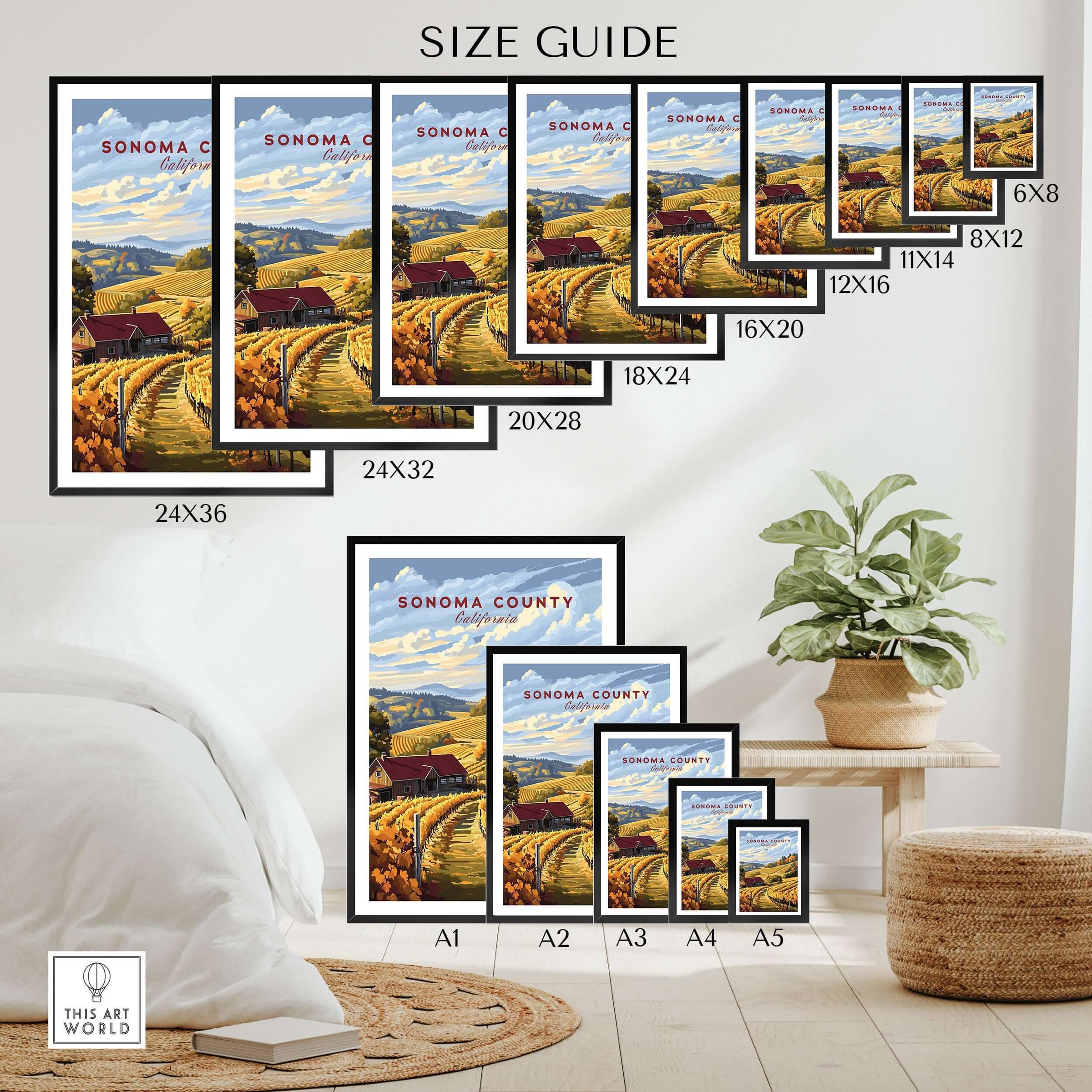 Sonoma Wine Country Art Print - Vineyard Landscape Poster - Harvest Scene Wall Decor size guide with various frame sizes.