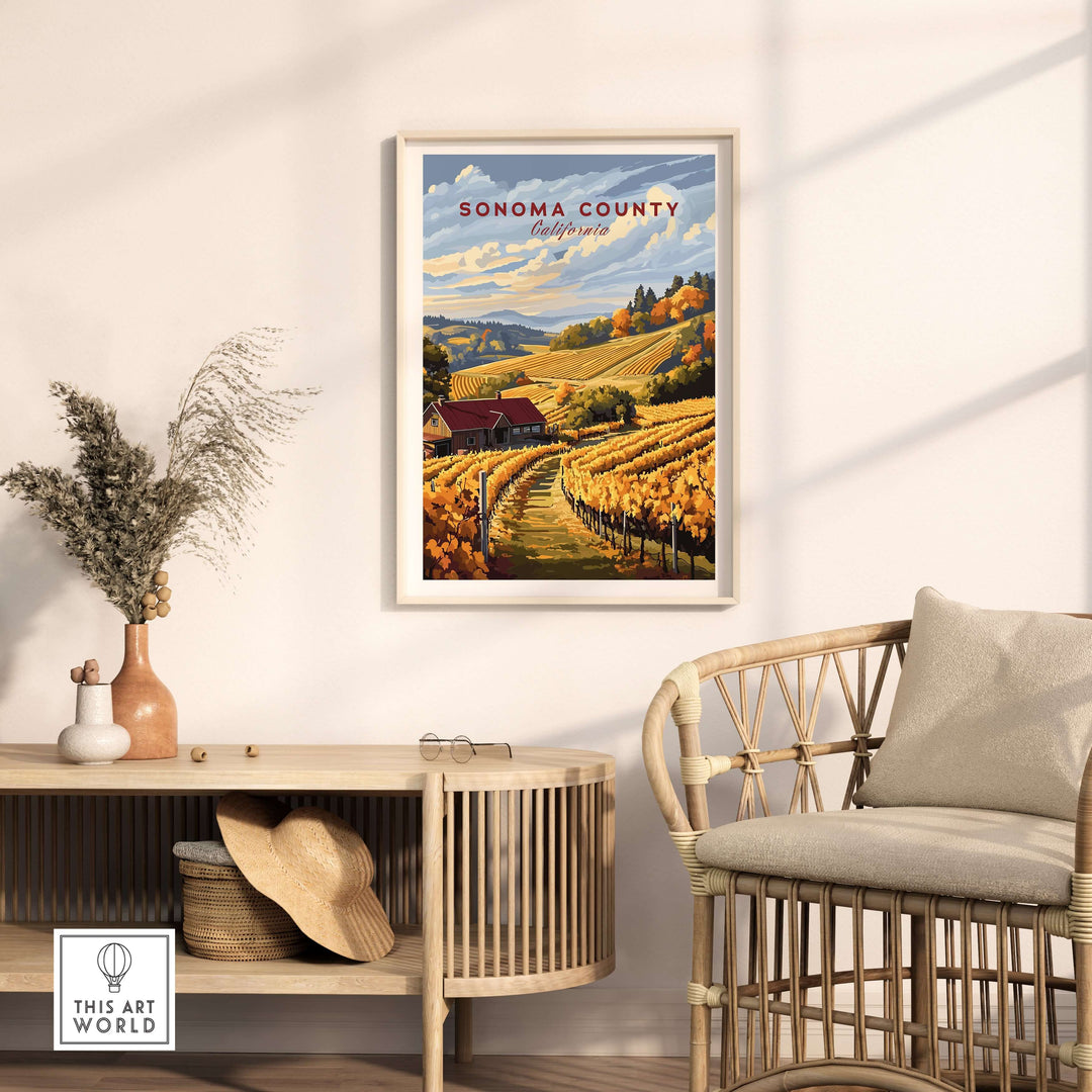 Sonoma County vineyard landscape art print in rustic home decor, showcasing autumn harvest colors and rolling hills.