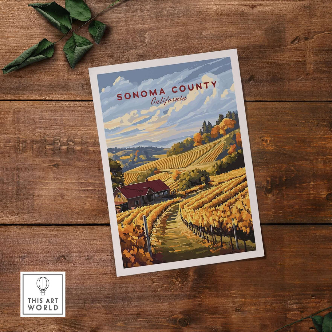 Sonoma County California art print depicting vineyard landscape and autumn harvest scene on rustic wooden background.