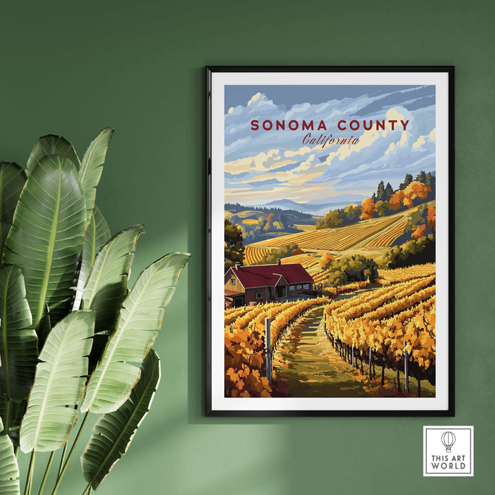 Sonoma Wine Country art print showcasing vibrant vineyards and rolling hills in California.
